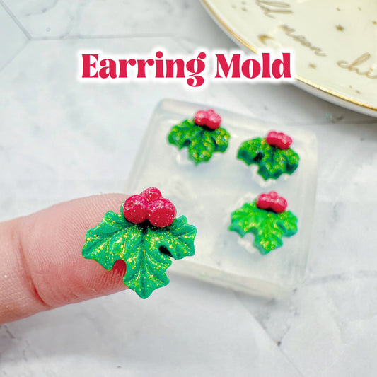 Mini 3D Christmas Holly Berry Stud Earring Mold