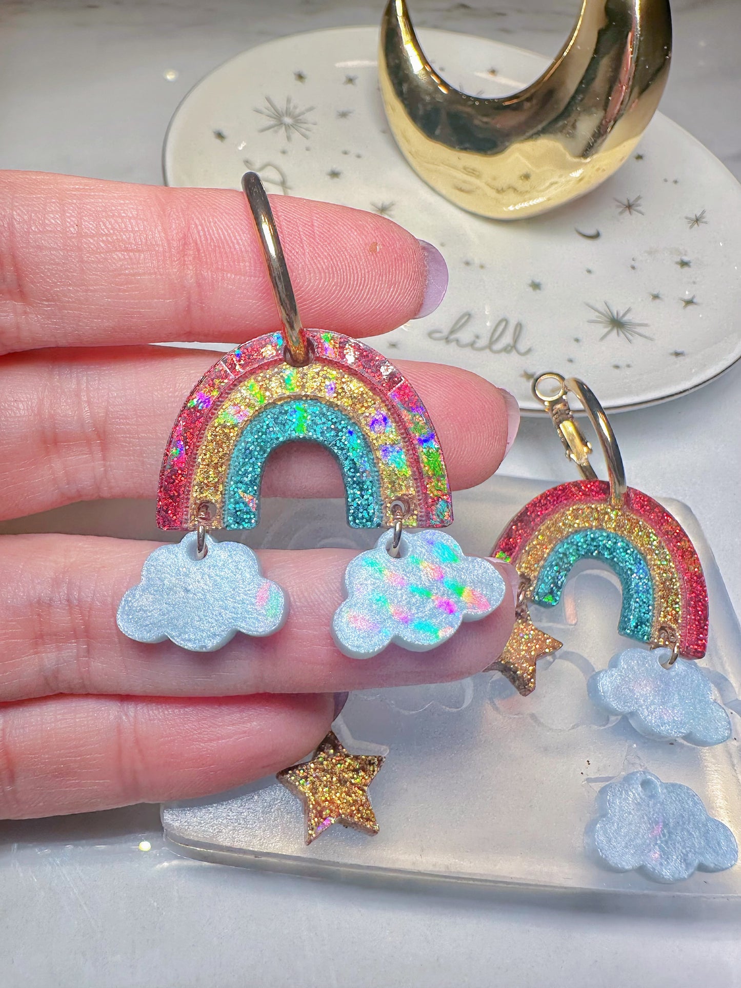 Holographic Rainbow Cloud Star Dangle Earring Mold for Hoop Charms