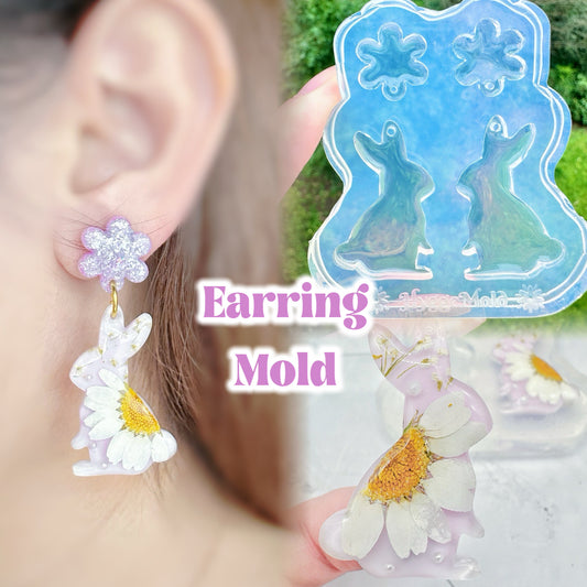 Pre domed Bunny Flower Dangle Earring Mold Easter Clear Silicone Mold for resin jewellery