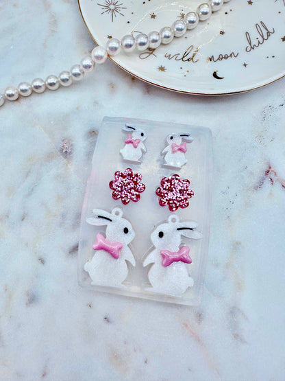 Cute Bunny with Ribbon Bow Earring Set Mold Stud and Dangly Earring Mold