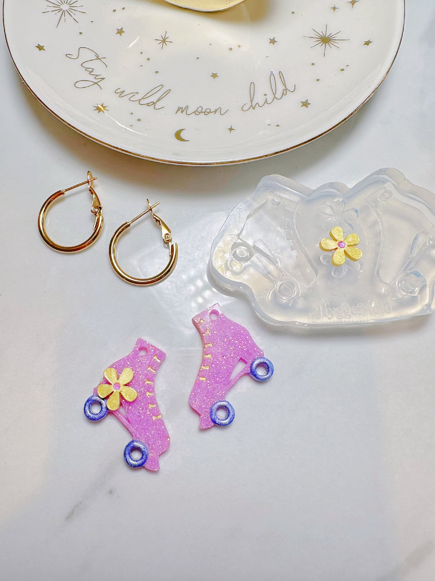 Small Roller Skate Shoes with Flower Hoop Earring Mold Dangly Charm Hoop Earring Mold