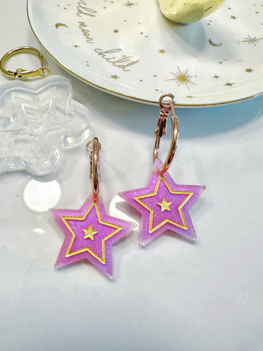 Dreamy Engraved Star Dangly Charm Hoop Earring Mold