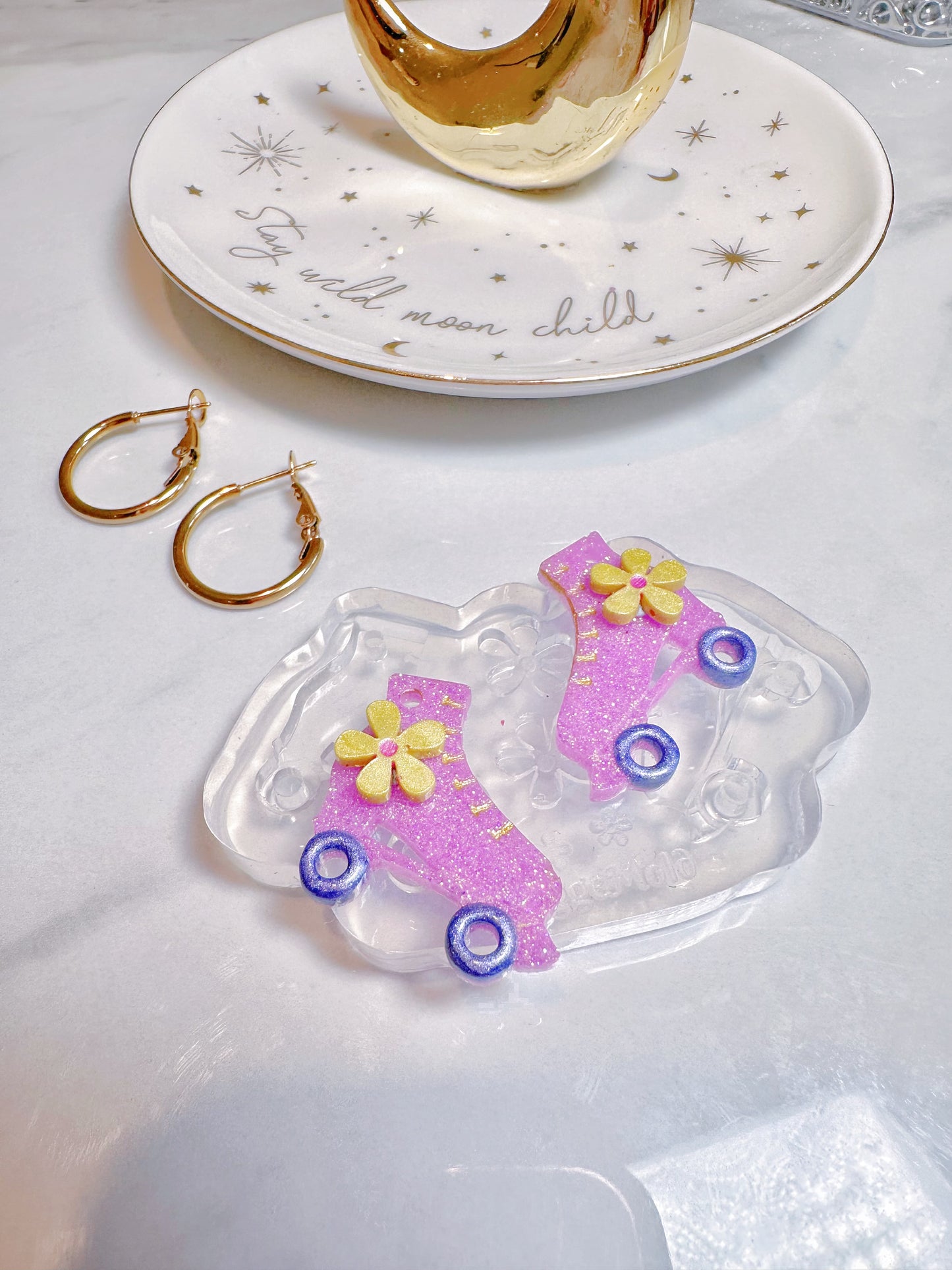 Small Roller Skate Shoes with Flower Hoop Earring Mold Dangly Charm Hoop Earring Mold