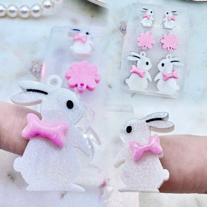 Cute Bunny with Ribbon Bow Earring Set Mold Stud and Dangly Earring Mold