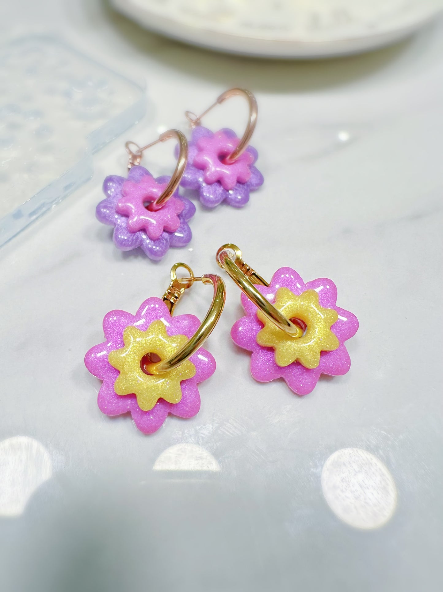 Stacked Predomed Daisy Flower Dangly Charm Hoop Earring Mold