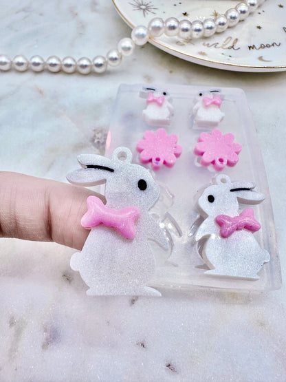 Cute Bunny with Ribbon Bow Earring Set Mold Stud and Dangly Earring Mold