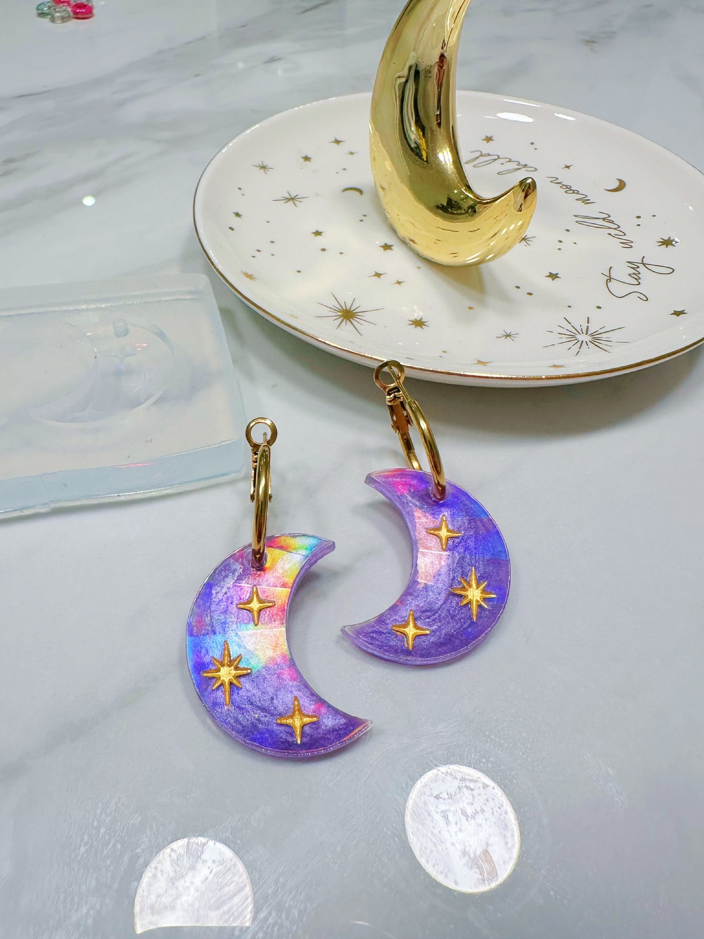 Holographic Engraved Celestial Moon Dangle Earring Mold for Hoop Charms