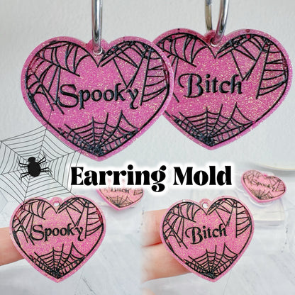 Large Spooky Bitch Spider Web Heart Dangle Earring Mold for Hoops