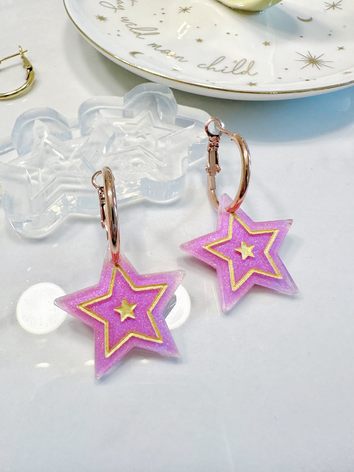 Dreamy Engraved Star Dangly Charm Hoop Earring Mold