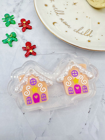 Gingerbread House with Predomed snow Dangly Charm Earring Mold