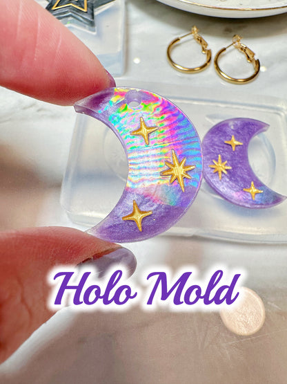 Holographic Engraved Celestial Moon Dangle Earring Mold for Hoop Charms