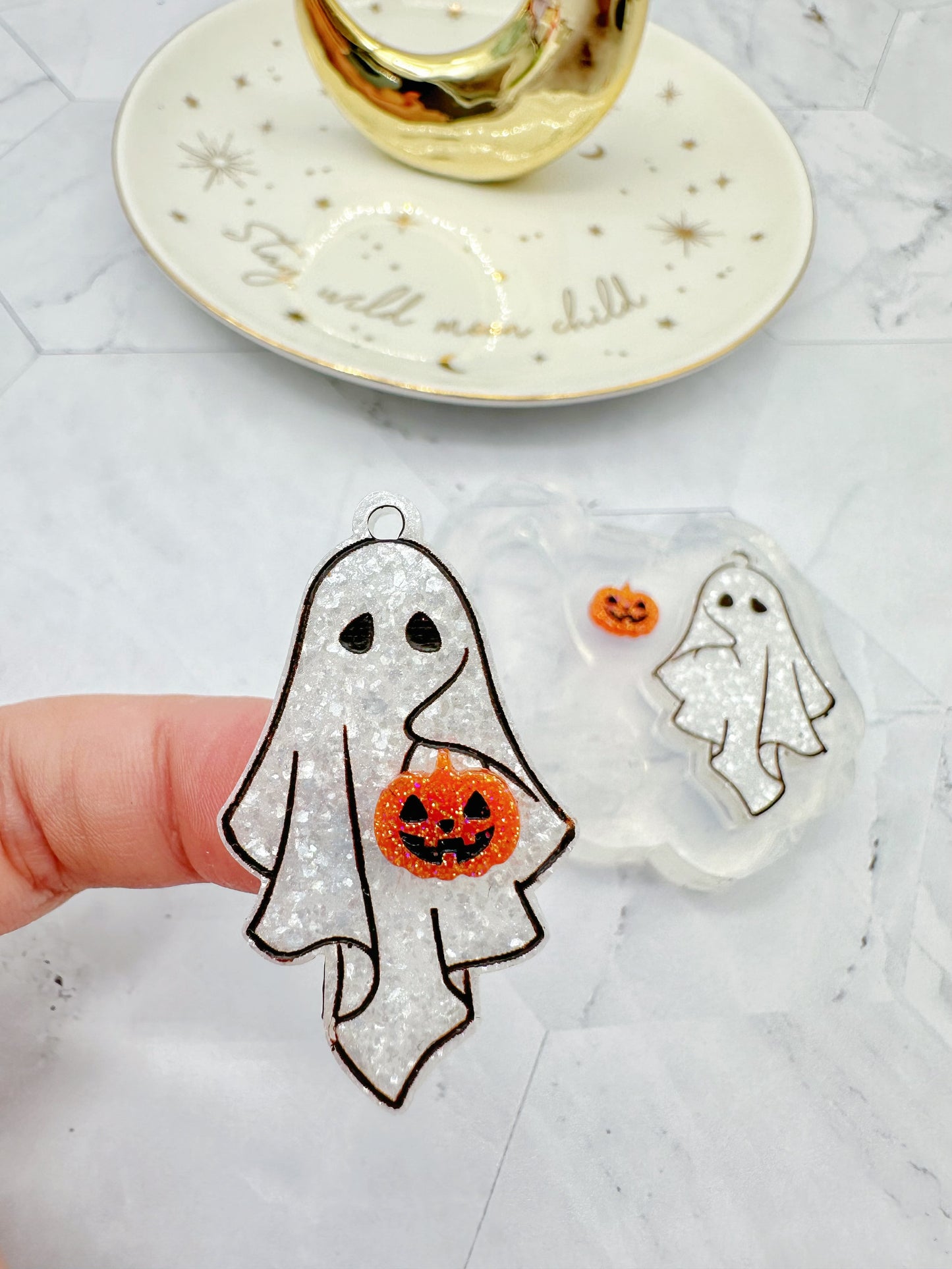 Ghost with Pumpkin Lantern Dangle Earring Mold