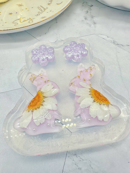 Pre domed Bunny Flower Dangle Earring Mold Easter Clear Silicone Mold for resin jewellery