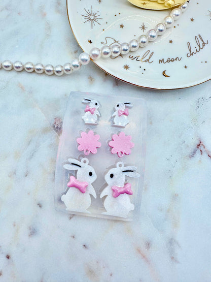 Cute Bunny with Ribbon Bow Earring Set Mold Stud and Dangly Earring Mold