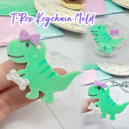 T-Rex Dino with Ribbon Bow and Bone Keychain Mold