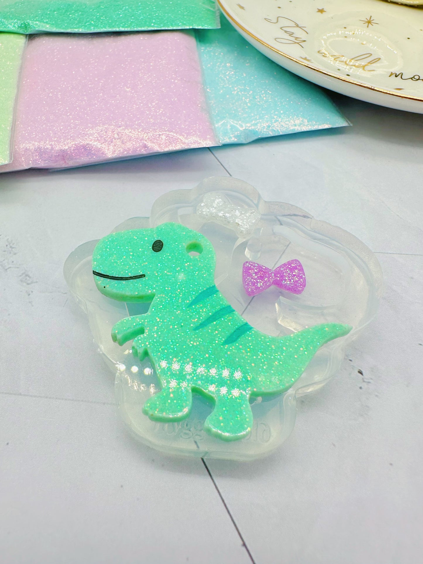 T-Rex Dino with Ribbon Bow and Bone Keychain Mold