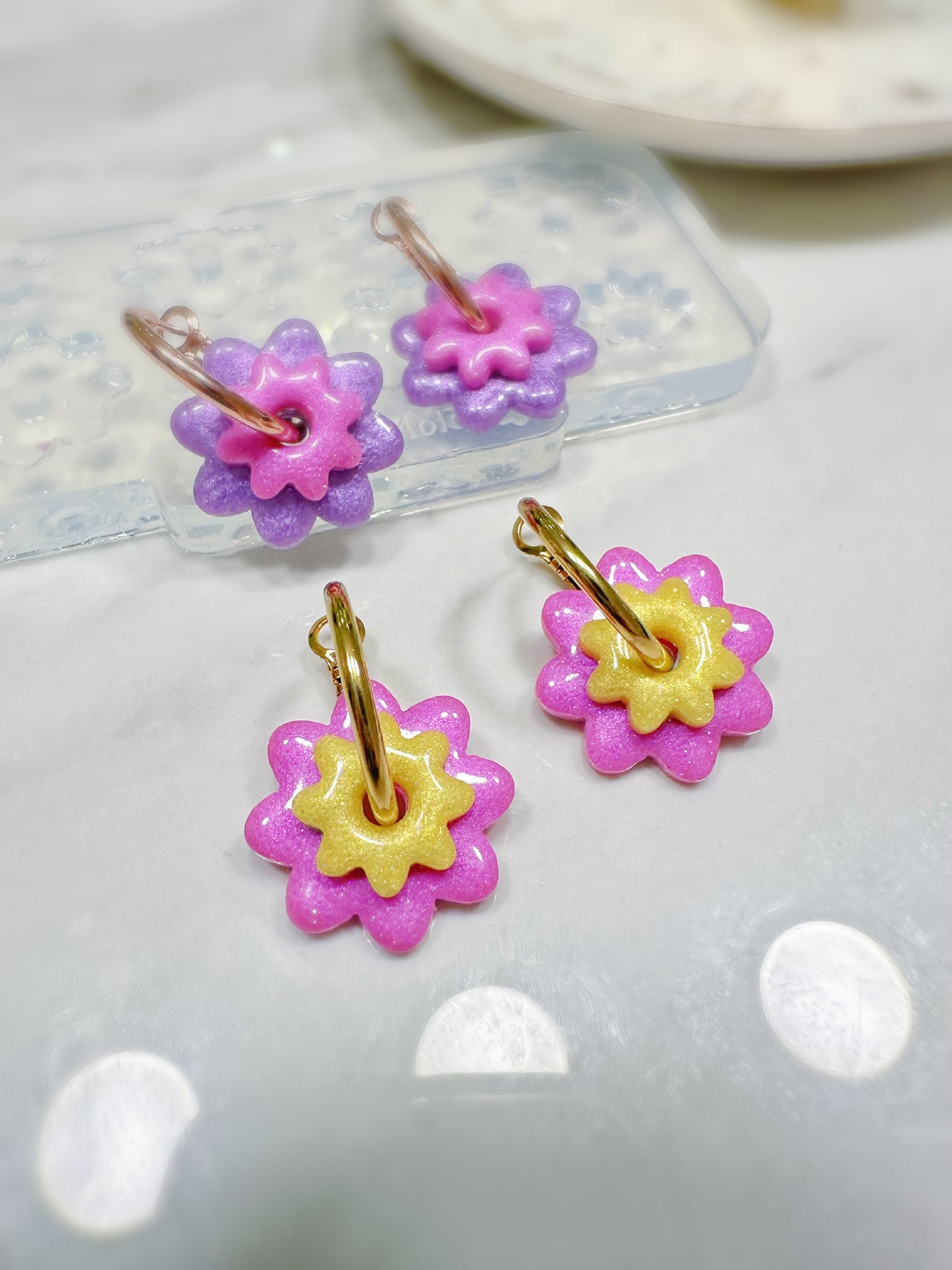 Stacked Predomed Daisy Flower Dangly Charm Hoop Earring Mold