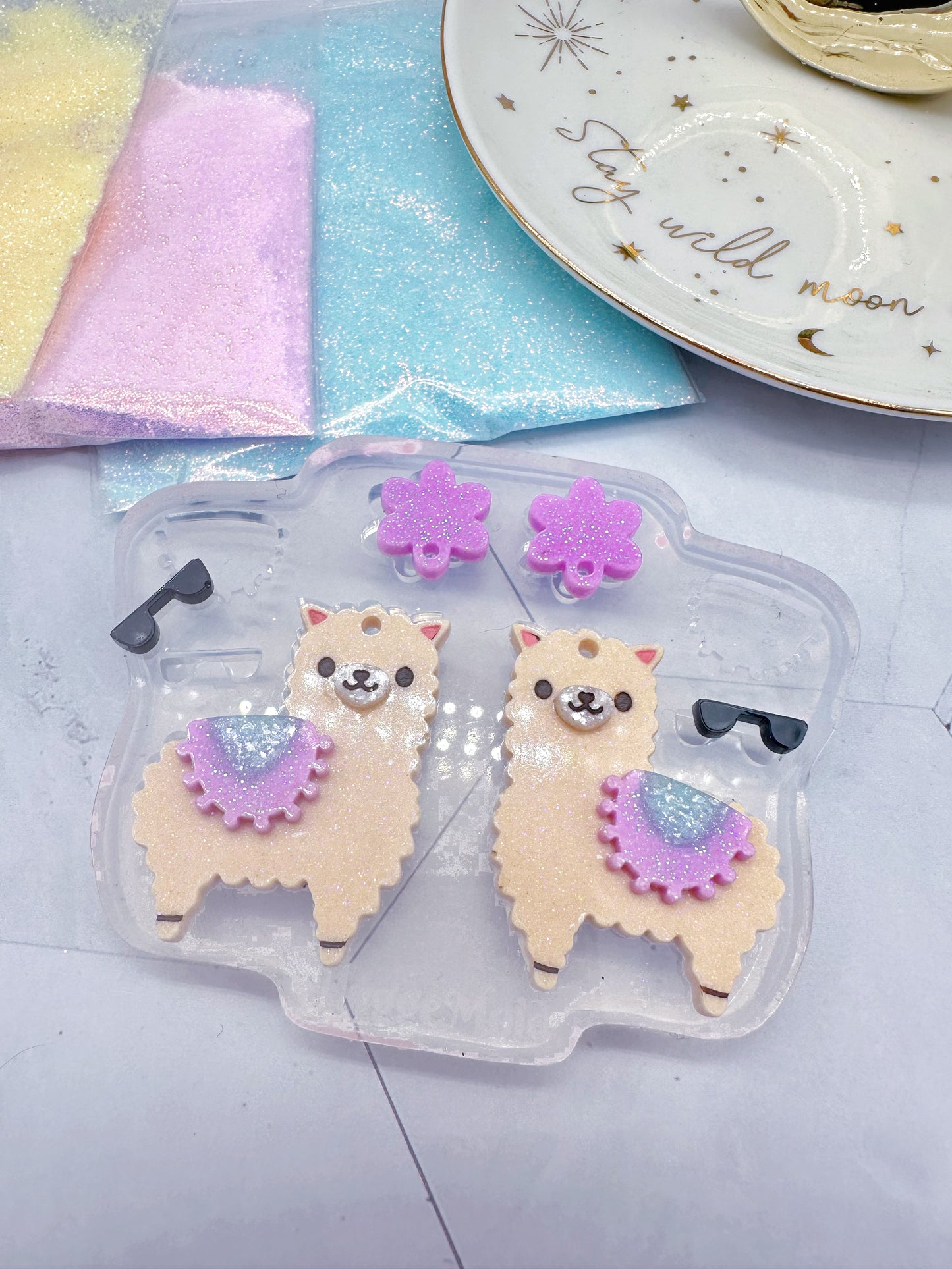 Cute Llama Alpaca Dangle Earring Mold with Flowers, Blankets, and sunglasses accessories