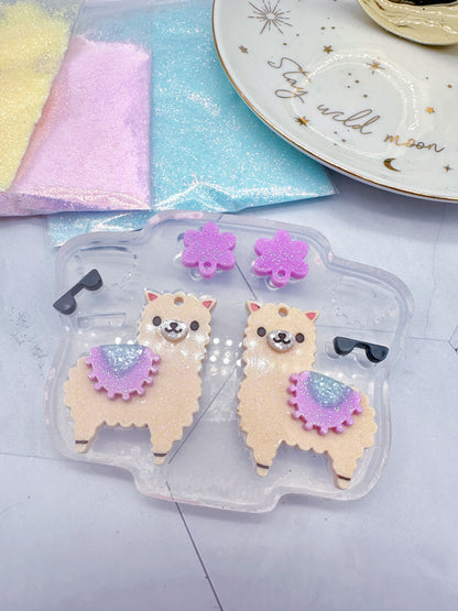 Cute Llama Alpaca Dangle Earring Mold with Flowers, Blankets, and sunglasses accessories