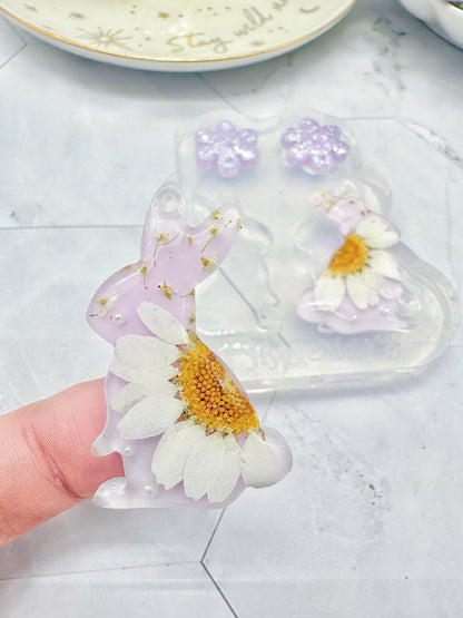 Pre domed Bunny Flower Dangle Earring Mold Easter Clear Silicone Mold for resin jewellery