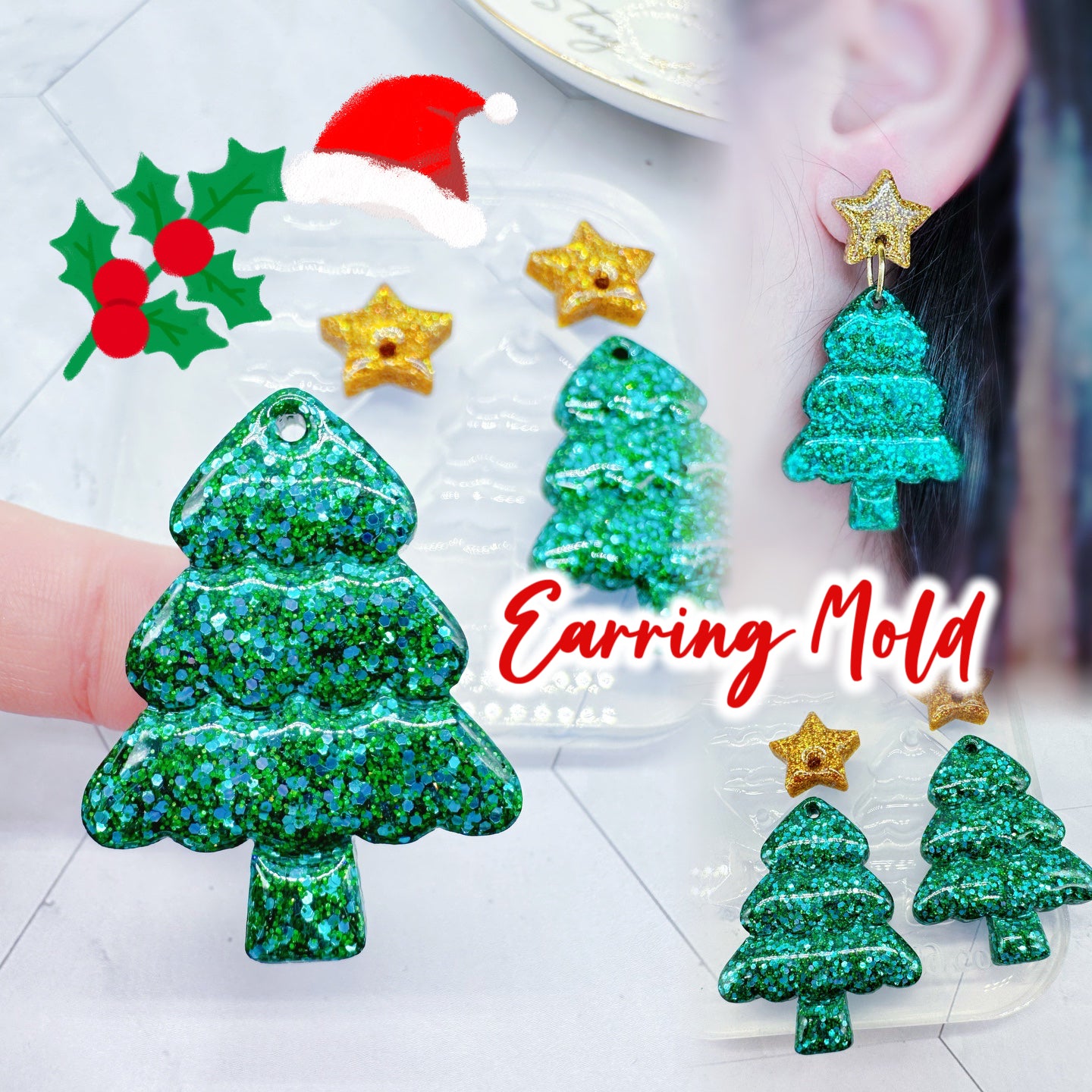 Domed Classic Christmas Tree Dangle Earring Mold Clear Silicone Resin Earring Mold