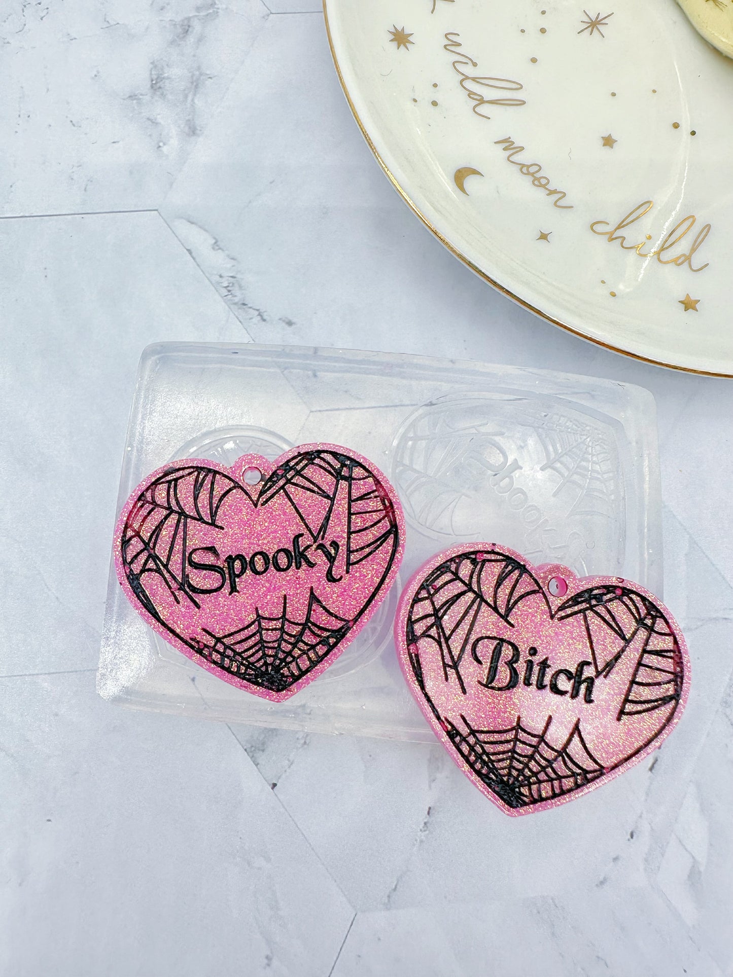 Large Spooky Bitch Spider Web Heart Dangle Earring Mold for Hoops