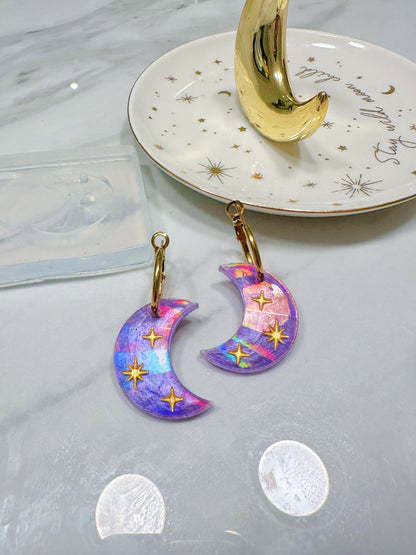 Holographic Engraved Celestial Moon Dangle Earring Mold for Hoop Charms