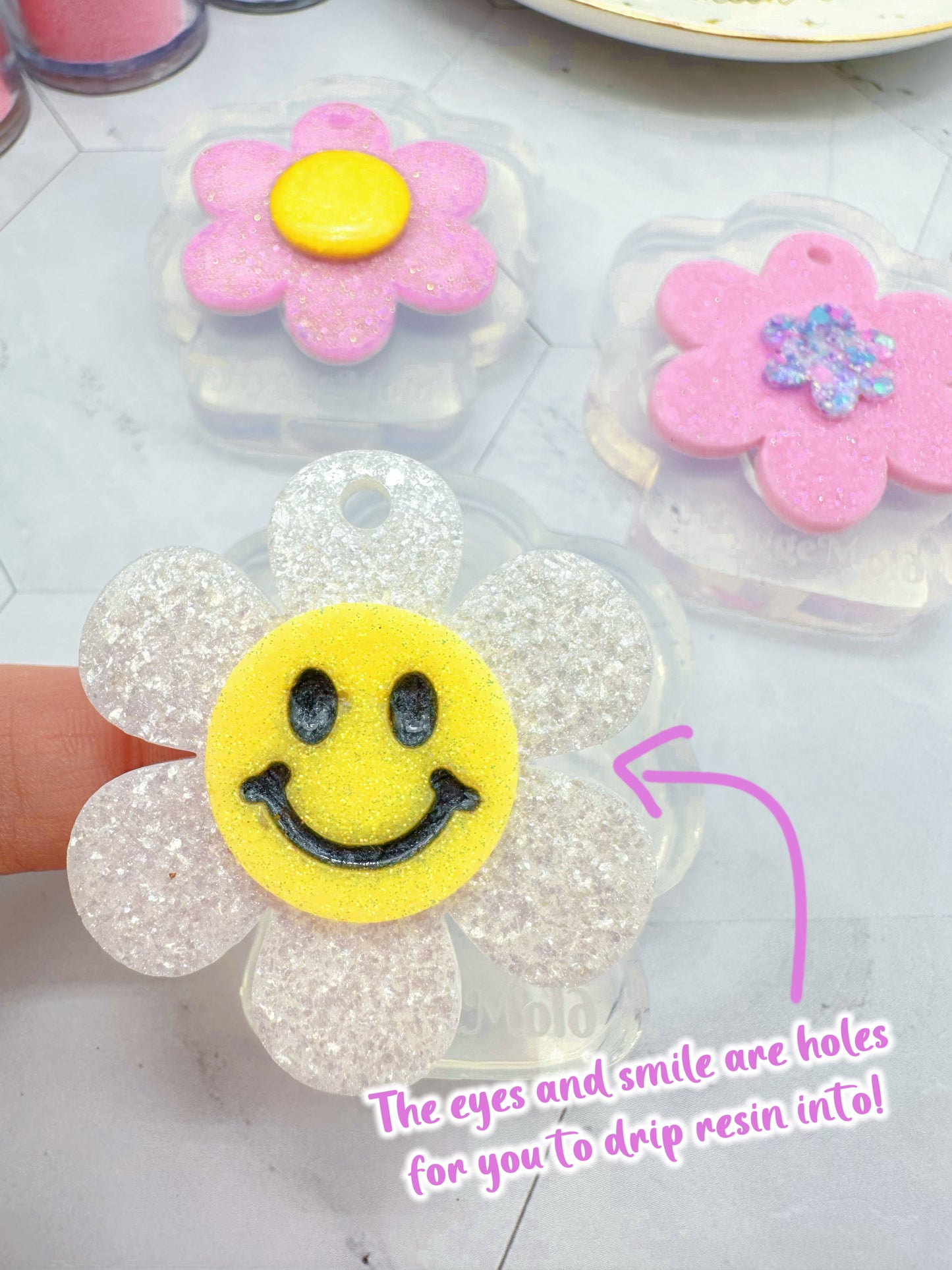 Smiley Face Domed centre Flower Keychain Keyring Mold Choose your style
