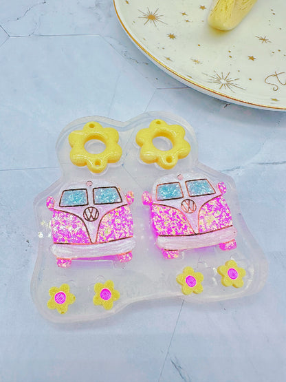 Floral Hippie Van Vintage Holiday Camper Van Dangle Earring Mold