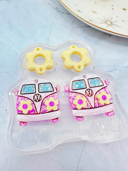 Floral Hippie Van Vintage Holiday Camper Van Dangle Earring Mold