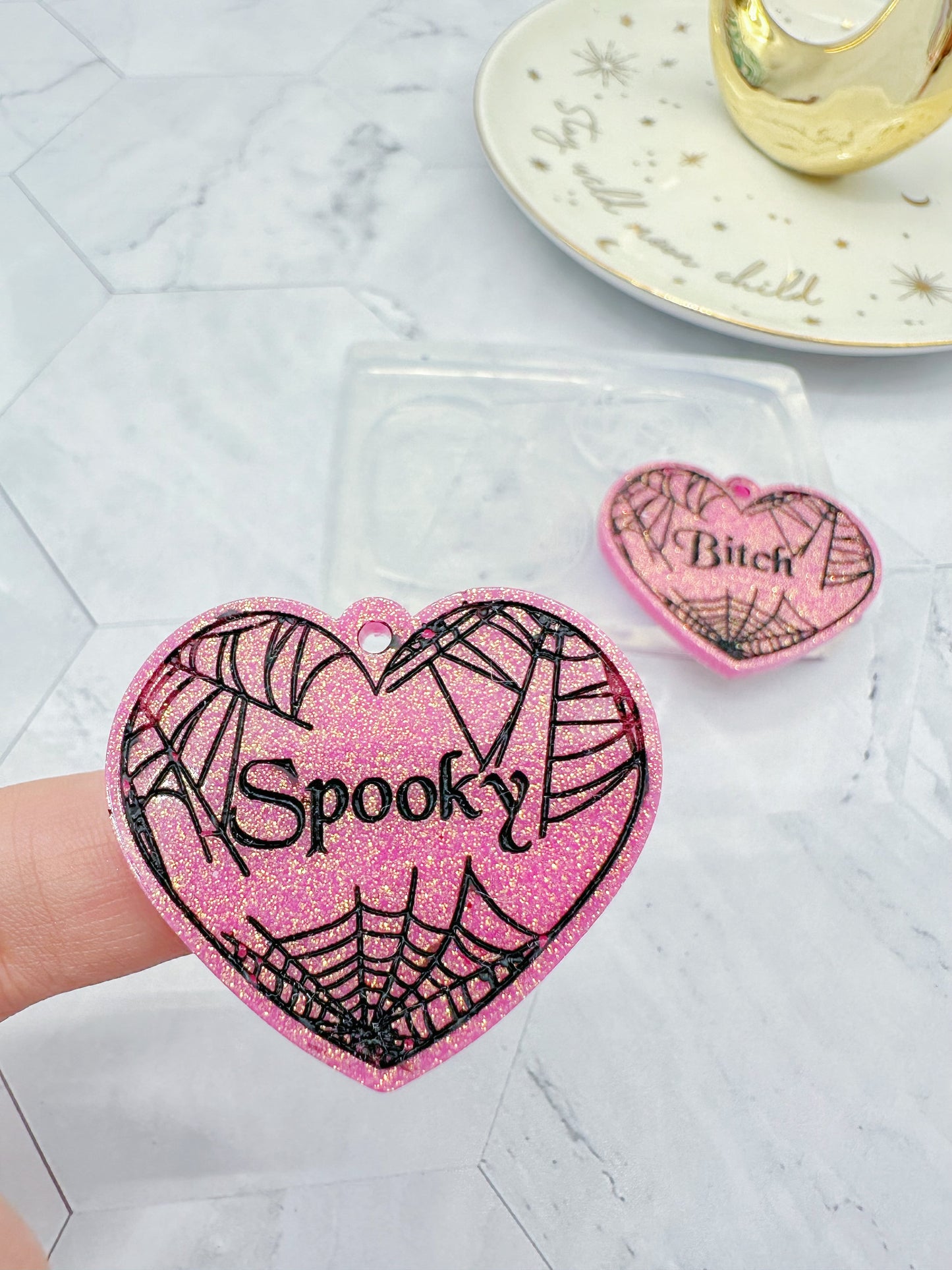 Large Spooky Bitch Spider Web Heart Dangle Earring Mold for Hoops