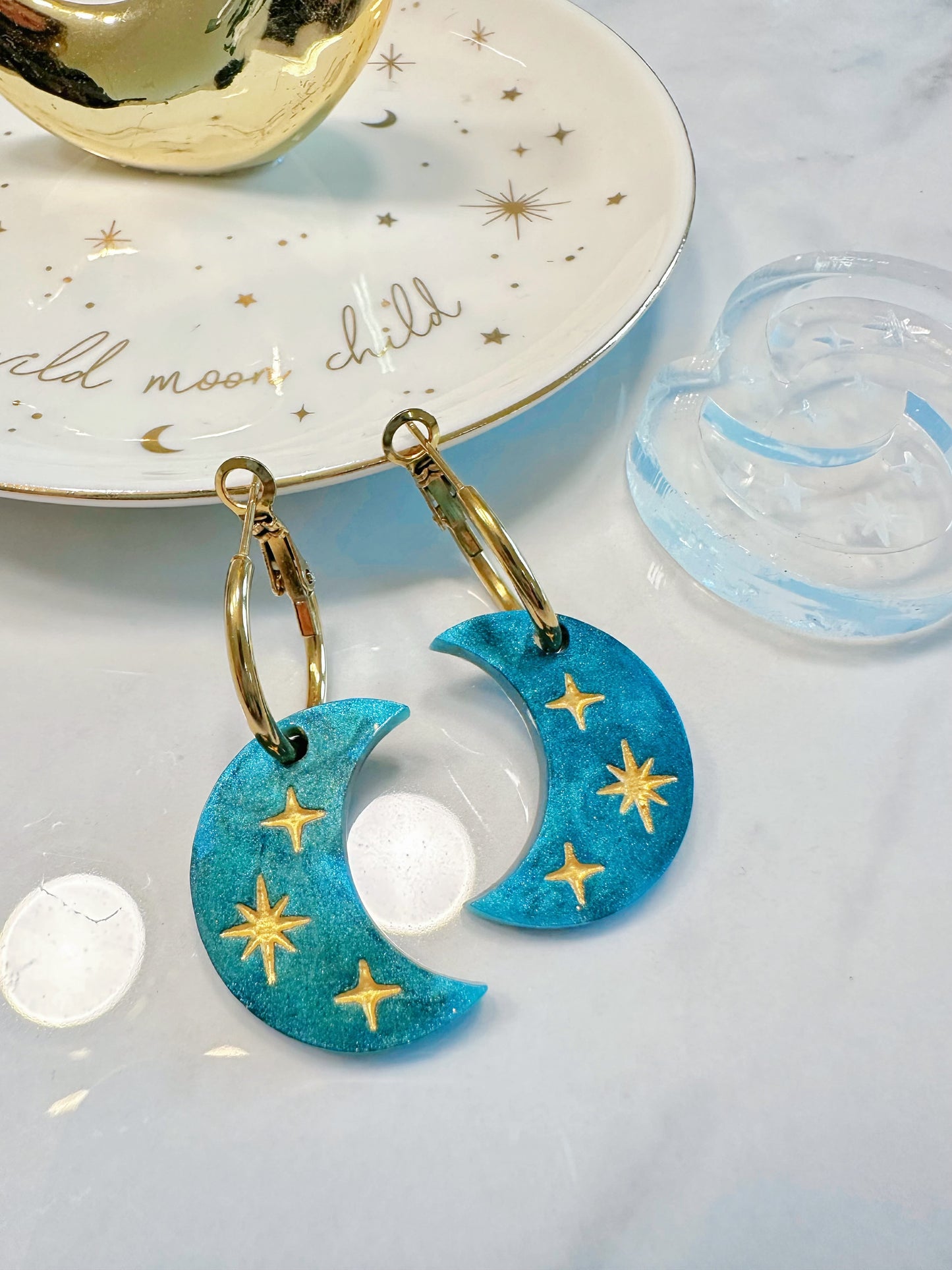 Dreamy Engraved Celestial Moon Dangly Charm Hoop Earring Mold