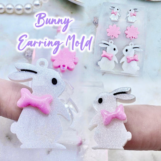 Cute Bunny with Ribbon Bow Earring Set Mold Stud and Dangly Earring Mold