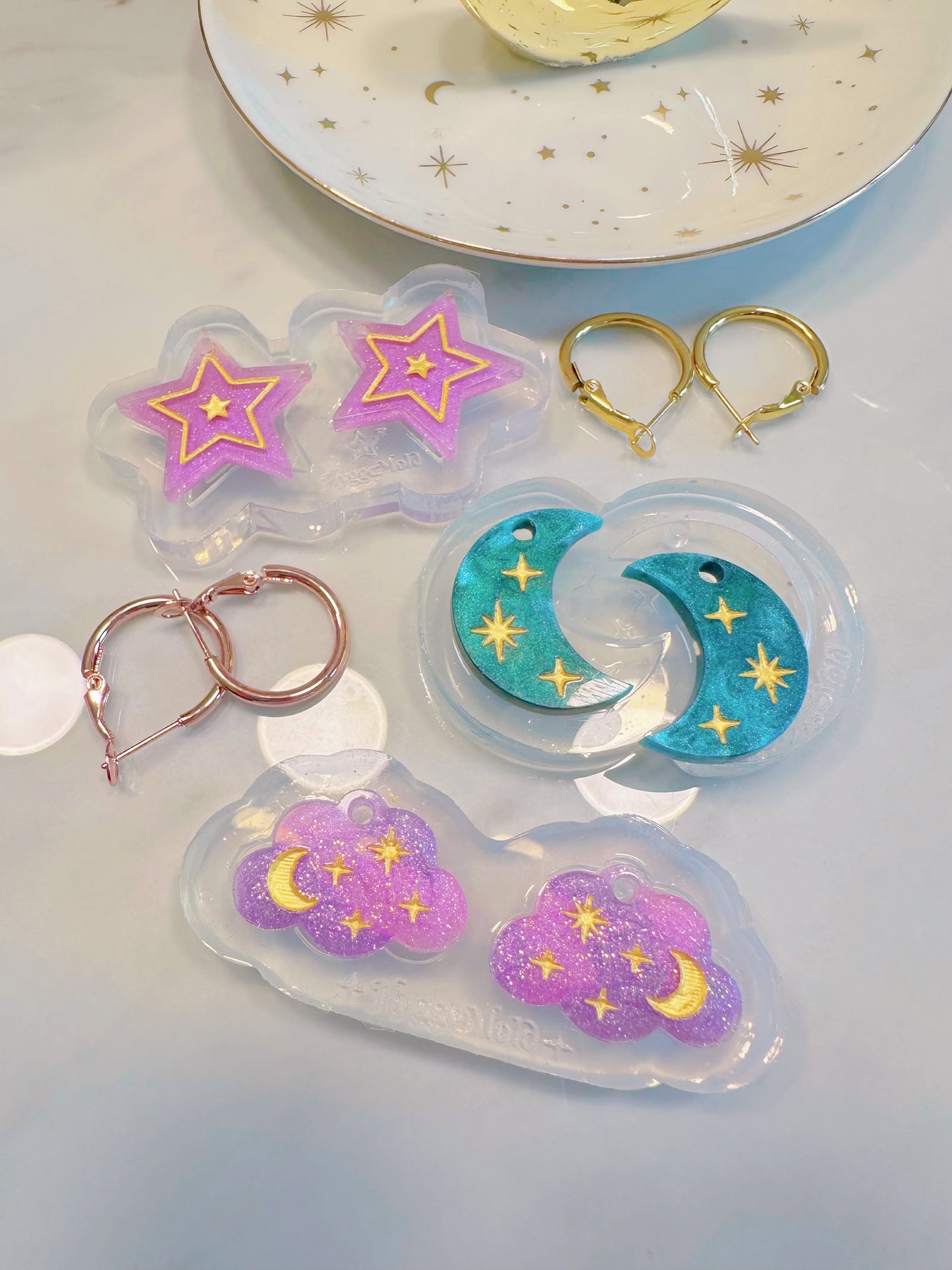 Dreamy Engraved Star Dangly Charm Hoop Earring Mold