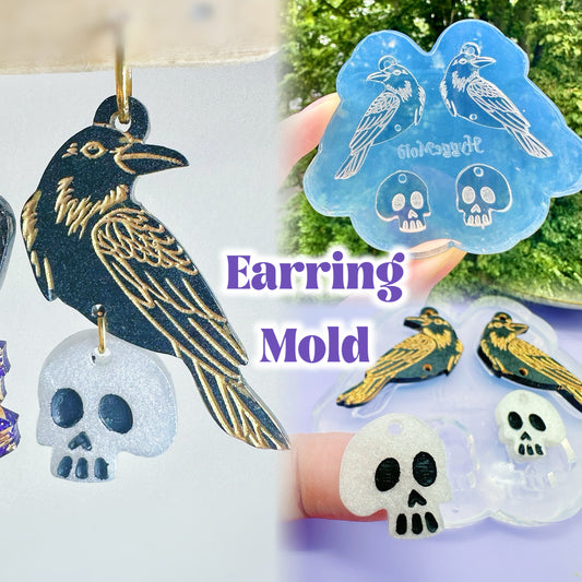 Engraved Raven and Skull Dangle Earring Mold