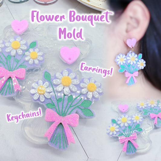 Flower Bouquet Dangle Earring Mold with Heart Topper for resin jewellery and resin keychain