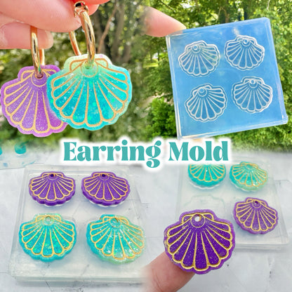 Sea shell Scallop dangly charm earring mold for hoops and hooks with engraving