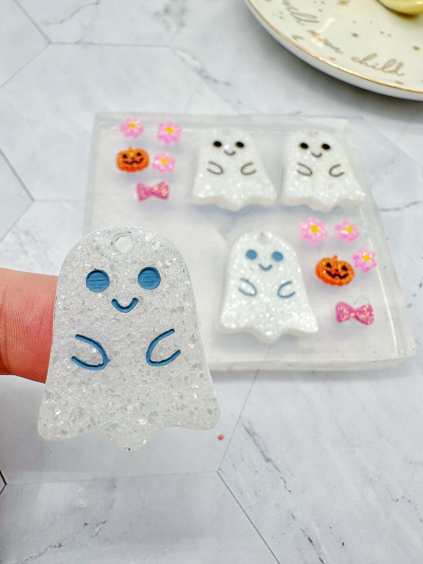 Cute Happy Baby Ghosts with Accessories Dangly Charm Earring Mold flower pumpkin ribbon bow