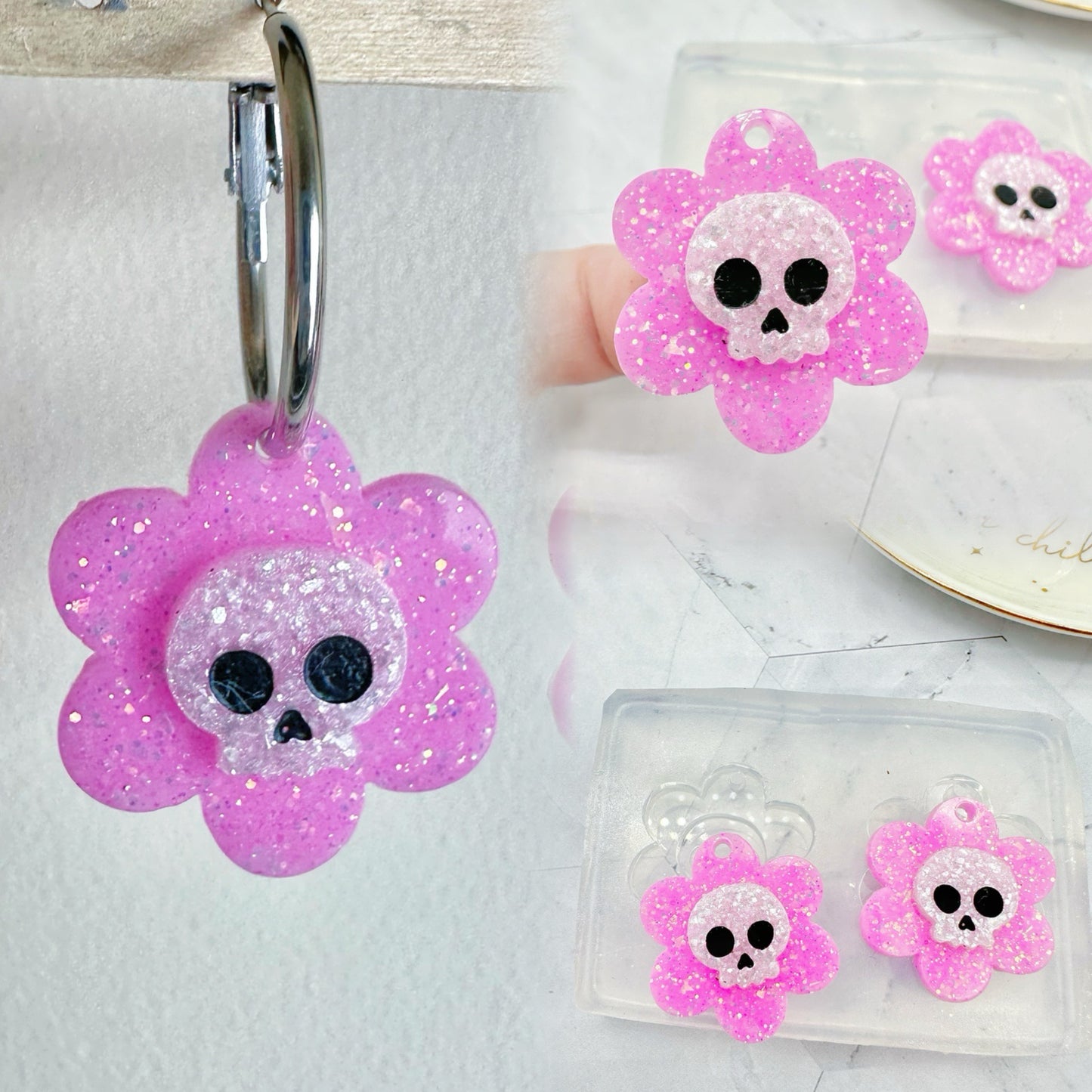 Cute Layered Skull Flower Dangly Charm Mold Dangle Earring Mold for Hoops