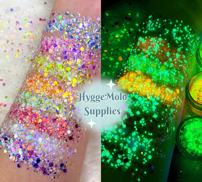 Glow In the Dark Iridescent Chunky Glitter Mix in a tub