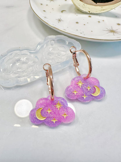 Dreamy Engraved Celestial Cloud Dangly Charm Hoop Earring Mold