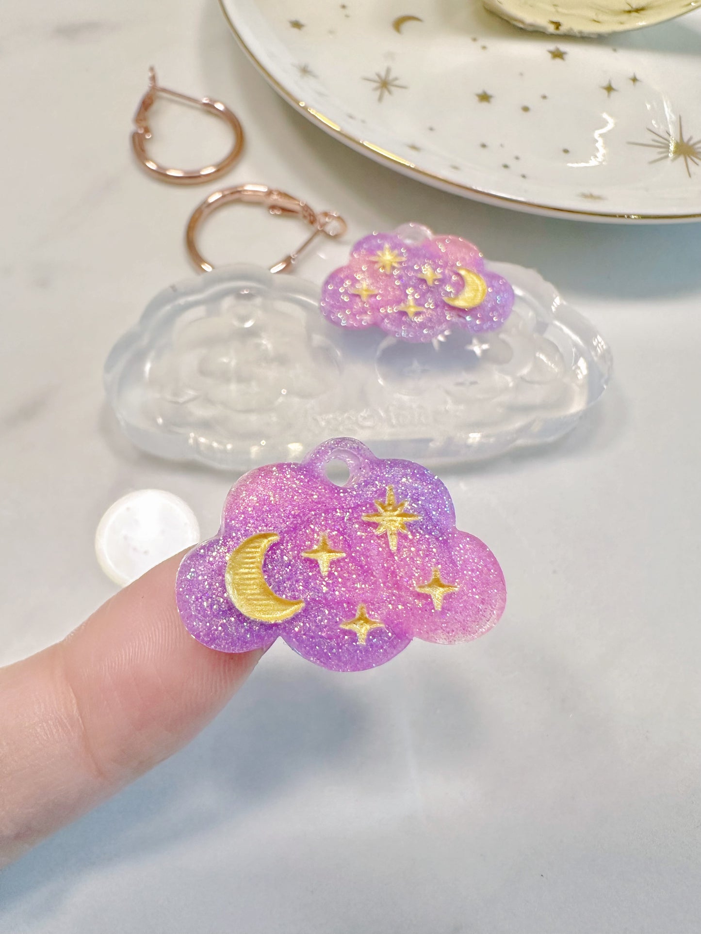 Dreamy Engraved Celestial Cloud Dangly Charm Hoop Earring Mold