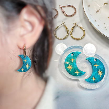 Dreamy Engraved Celestial Moon Dangly Charm Hoop Earring Mold