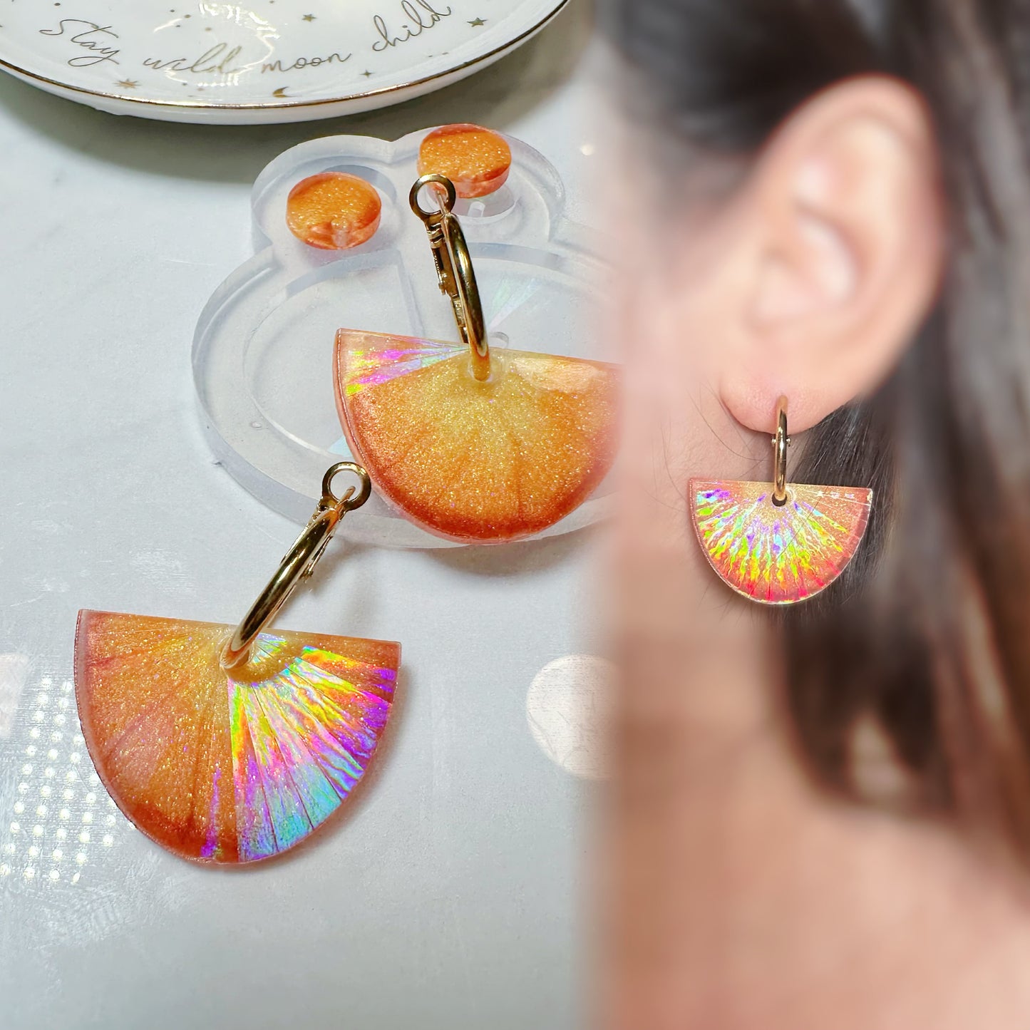 Holographic Sunburst Semi-Circle Dangle Earring Mold for Hoop Charms