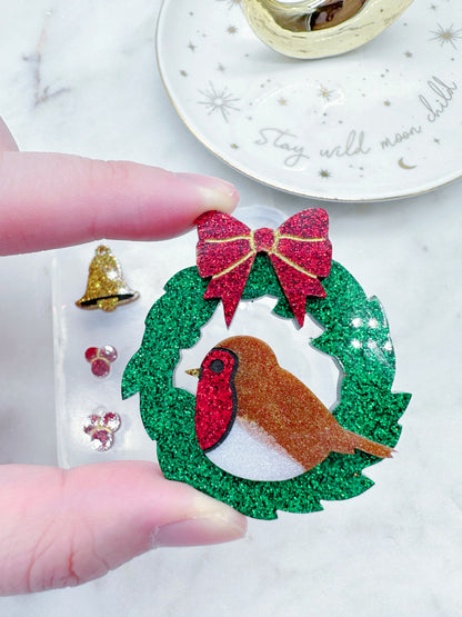 Christmas Robin Bird Resting on Wreath with Mini Bell Brooch Mold