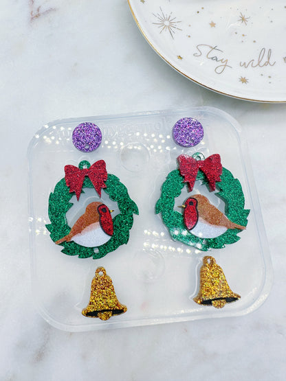 Christmas Robin Bird Resting on Wreath with Mini Bell Dangle Earring Mold