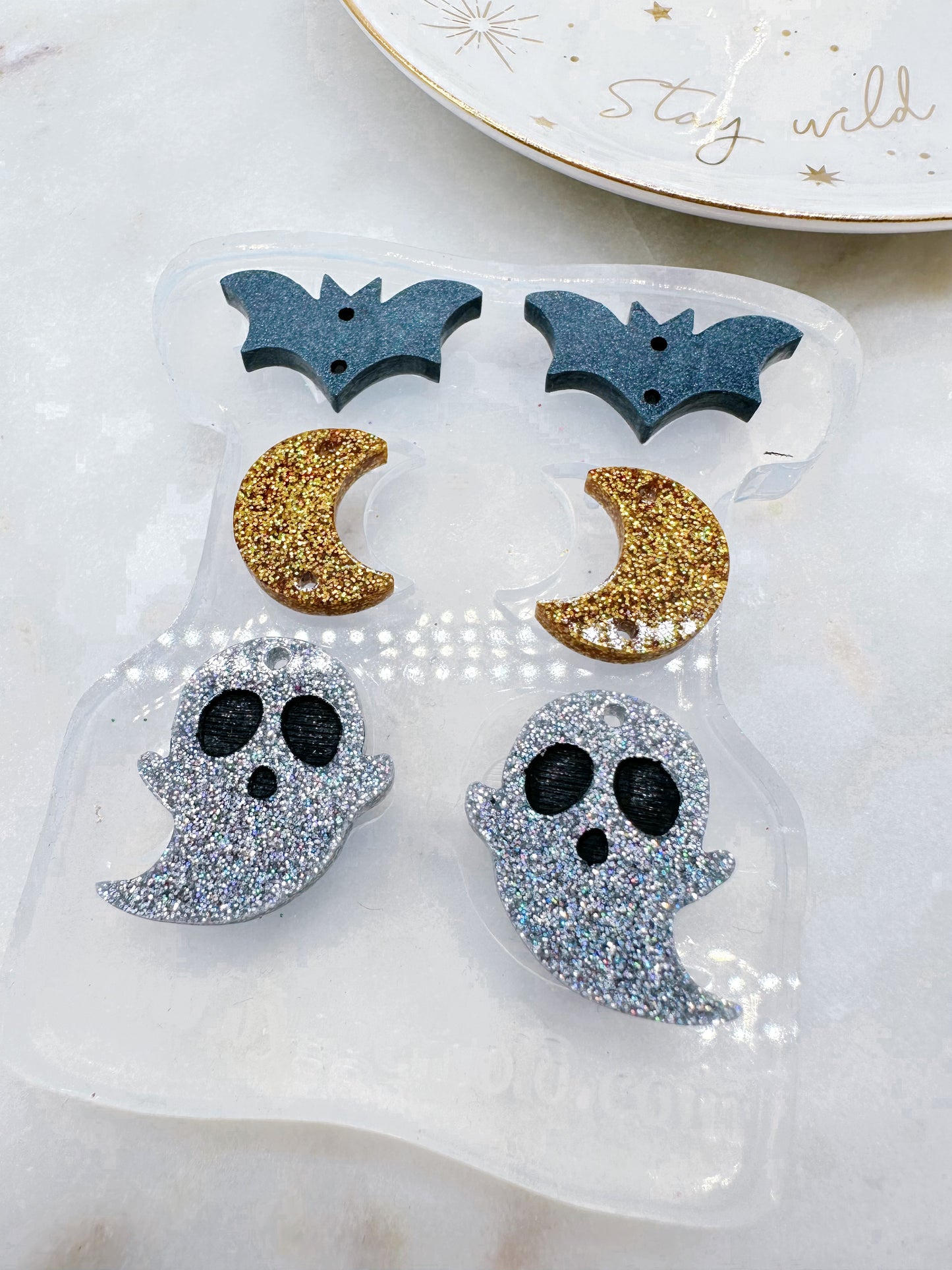 Triple Halloween Bat Ghost Moon Dangle Earring Mold