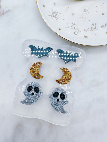 Triple Halloween Bat Ghost Moon Dangle Earring Mold