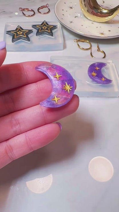 Holographic Engraved Celestial Moon Dangle Earring Mold for Hoop Charms