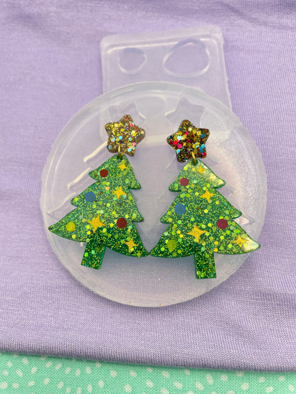 Christmas tree dangle earring mold with Star toppers and engraved ornaments